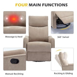 Trustyue Swivel Rocker Recliner Chair, 360° Swivel Recliner with Heat and Massage, Rocker Recliner Nursery Glider Chair with Side Pockets for Living Room (Khaki, Fabric)
