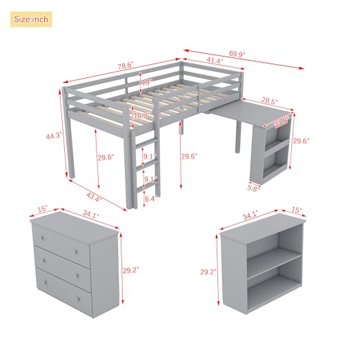 Ball & Cast Twin Loft Bed with Drawer Cabinet and Pulling -Out Desk,Rubber Wood Bed Frame w/Safety Guardrail & Ladder,Space-Saving Furniture for Girls Boys Student Dorms,Grey Ball & Cast