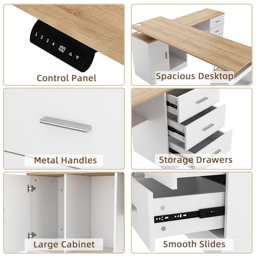 Timechee 63" Large Electric Standing Office Desk with Drawers, Modern Executive Deep L Shaped Computer Raising Stand up Desk with Shelves Storage for Home Office, Adjustable Height, White & Natural Timechee
