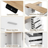 Timechee 63" Large Electric Standing Office Desk with Drawers, Modern Executive Deep L Shaped Computer Raising Stand up Desk with Shelves Storage for Home Office, Adjustable Height, White & Natural Timechee
