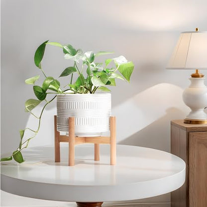 Kurrajong Farmhouse White Plant Pot with Stand | 7.25" Ceramic Planter Pot with Wood Stand for Indoors | Bamboo Plant Stand with Pot. Plant not Included | White Planter Pot is 7.25" Wide x 5.75" high