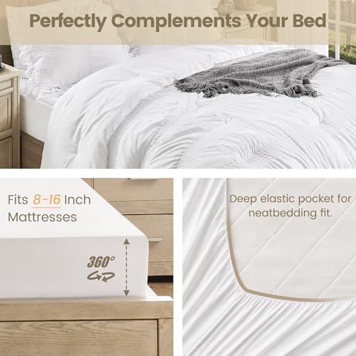 Queen Comforter Set Seersucker 7 Pieces Luxury Ruffle Bed in a Bag Queen Size for All Season White Bedding Set with Comforter, Pillowcases, Flat Sheet, Fitted Sheet and Pillow Shams QUIETSEA