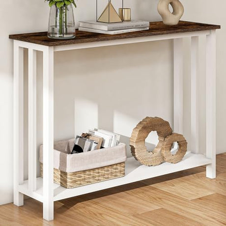 Acovy Farmhouse Solid Wood Console Table, 2 Tier Entryway Table with Storage Shelves, Narrow Sofa Table for Living Room, Hallway, Foyer, Entryway, Rustic White Acovy
