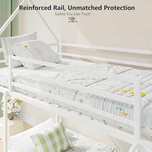 YIORTWO House Bunk Bed Twin-Over-Twin Low Metal Frame with Roof Fun Convertible Slide & Full Safety Guardrails Durable Toddler Bunk Bed with Montessori Floor Design,White YIORTWO