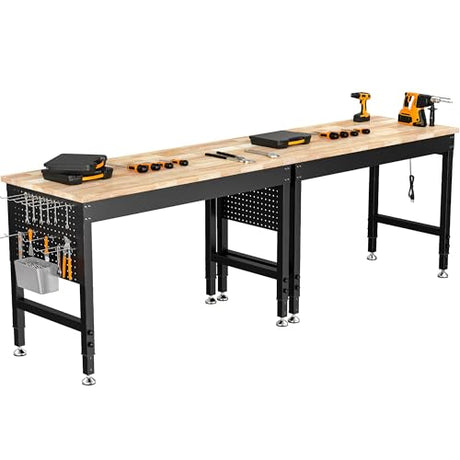 CAMMOO 96" Adjustable Heavy Duty Workbench, 2000 LBS Load Capacity Rubber Wood Work Table with Pegboard, Power Outlets, Work Bench for Garage, Workshop, Office, Home, Commercial, Ships in 2 Boxes CAMMOO