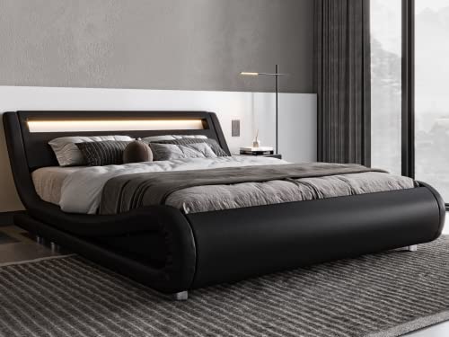 Allewie Queen Size LED Platform Bed Frame with Adjustable Headboard/No Box Spring Need/Easy Assembly/Faux Leather in Black Allewie