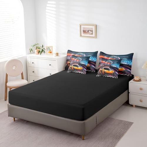 Feelyou Boys Race Car King Size 7 Piece Bedding Set Kids Racing Car Comforter Set with Sheets, Pillowcases & Cushion Cover Feelyou