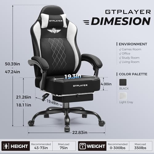 GTPLAYER Big and Tall Gaming Chair Breathable Fabric Computer Chair with Strong Lumbar Support, Comfortable Office Chairs with Pocket Spring Cushion, High Back Ergonomic Desk Chairs with Footrest GTPLAYER