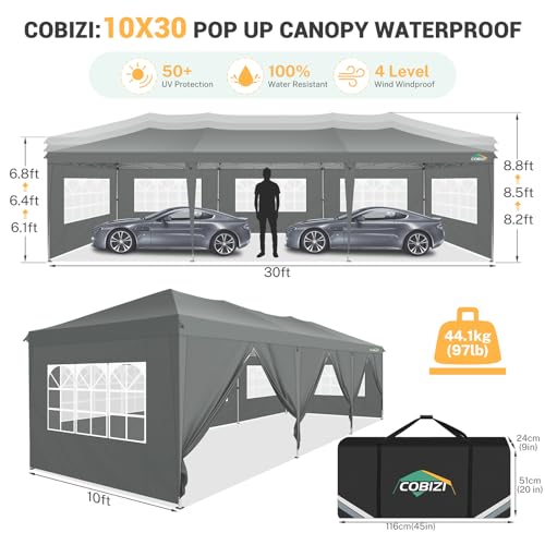 COBIZI 10x30 Pop up Canopy Tent for Parties with 8 Removable Sidewalls, Waterproof UPF 50+ Commercial Event Tent, Protable Outdoor Canopy with 4 Sandbags for Wedding, Backyard(10x30FT, Gray) COBIZI