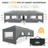 COBIZI 10x30 Pop up Canopy Tent for Parties with 8 Removable Sidewalls, Waterproof UPF 50+ Commercial Event Tent, Protable Outdoor Canopy with 4 Sandbags for Wedding, Backyard(10x30FT, Gray) COBIZI