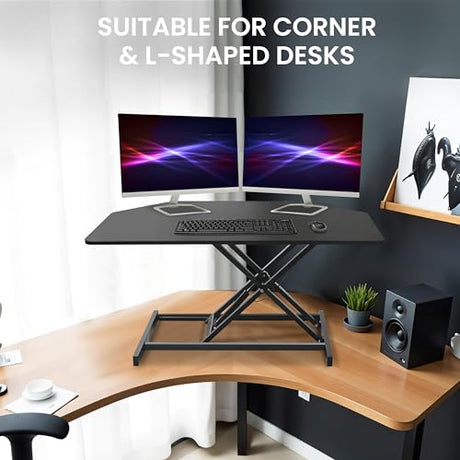 Aconcept 32 inch Black Corner Height Adjustable Standing Desk Converter, One-Click Sit to Stand up Desk Riser, Pre-Assembled for Dual Monitor and Laptop Workstation Aconcept