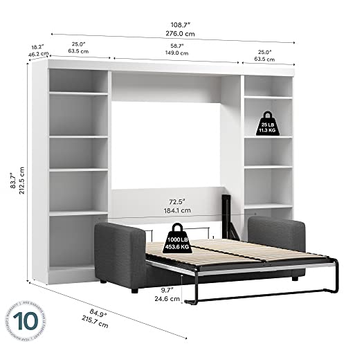 Bestar Pur Full Murphy Bed with Sofa and Shelving Units, 109-inch Space-Saving Wall Bed with Storage Bestar