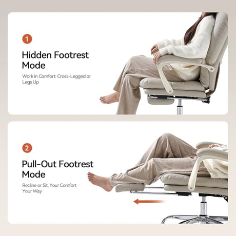 EMIAH Ergonomic Office Chair with Foot Rest Criss Cross Chair with Wheels Reclining Executive Office Chair Mid Back PU Leather Swivel Computer Chairs Lumbar Support for Home Office (Beige) EMIAH