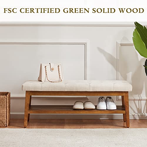 HUIMO Entryway Shoe Bench, End of Bed Bench,Upholstered Button-Tufted Bench for Kitchen, Fabric Ottoman Bench for Living Room, Padded Bench with Solid Wood Shelf Beige HUIMO