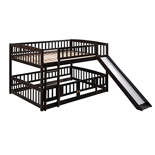 Merax Full Over Full Bunk Bed with Slide, Low Bunk Bed with Fence and Ladder, Solid Pine Wood Structure forBedroom, Espresso Merax