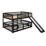 Merax Full Over Full Bunk Bed with Slide, Low Bunk Bed with Fence and Ladder, Solid Pine Wood Structure forBedroom, Espresso Merax