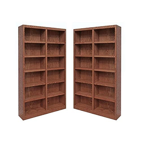 Home Square 84" Tall Double Wide Solid Wood Bookcase Set of 2 in Dry Oak Home Square
