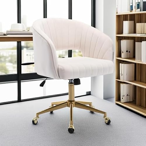 Home Office Chair Swivel Velvet Desk Chair Accent Armchair Upholstered Modern Tufted Chairs with Gold Base for Girls Women Ergonomic Study Seat Computer Task Stools for Living Room(Cream) KCC