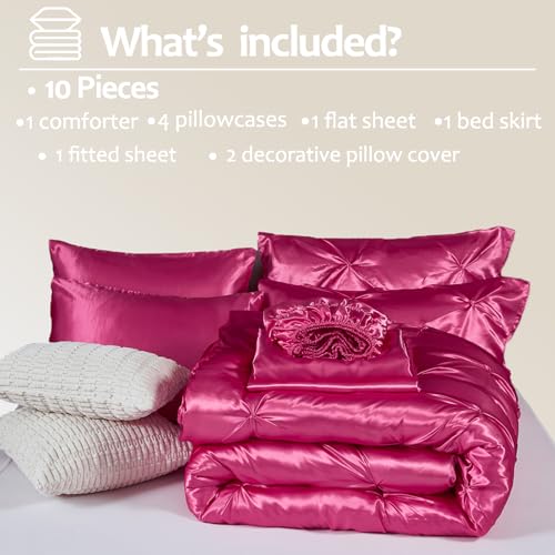 Bedbay Hot Pink Comforter Set,Satin Queen Comforter with Sheets,Bed in a Bag Queen,Pinch Pleat Bedding Set,Hot Pink Pintuck Luxury Bed Set 10 Pcs,Soft Lightweight Silk Like Satin Bedding Set Bedbay