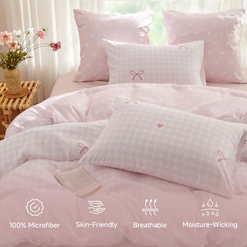 Erwinmu Gingham Comforter Set Twin Size,2 Pieces Pink Plaid Bow Ties Comforter Bedding Sets Reversible Pattern for Girls Kids,Cozy Breathable Microfiber Comforter and 1 Pillowcase Erwinmu