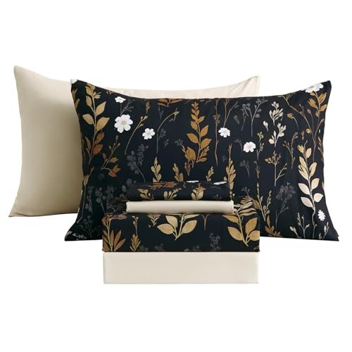 Botanical 6-Piece King Size Sheets Set, Boho Floral Print Brushed Microfiber Sheets, Cooling Bed Sheet Set, Ultra Soft & Breathable, 16' Deep Pocket Fitted Sheet & Pillowcase Set, Beige Brown Leaves Swiftify