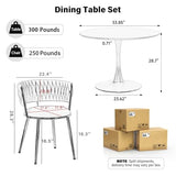 VAKTULS Luxury Round Dining Table Set for 4, 34-Inch Faux Marble Thick MDF Kitchen Table Set with 4 Grey Modern Velvet Dining Chairs for Small Place Coffee Tea, Saving Space(Gold Base) VAKTULS