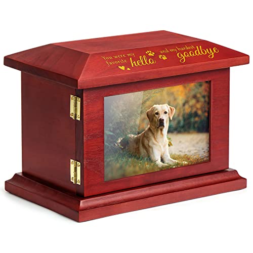 TJ. MOREE Pet Urns for Dog Ashes, Memorial Gifts for Loss of Cat, Personalized Wooden Cremation Urn with Photo Frame, Keepsake Memory Box with Black Flannel Bag for Pet up to 100 Pounds - WoodArtSupply