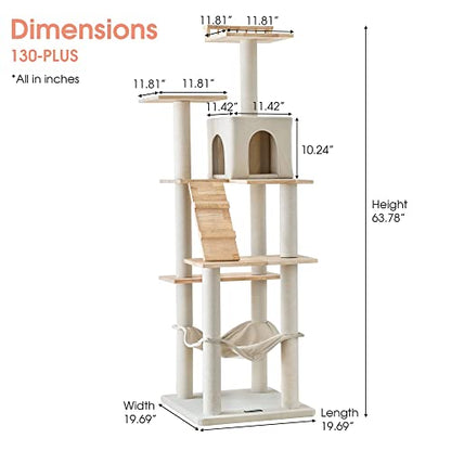 MWPO Cat Tree - 63.8-Inch Modern Wood Cat Tower for Indoor Cats,Multi-Level Cat Condo for Large Cat with Scratching Posts, Hammock- Beige - WoodArtSupply