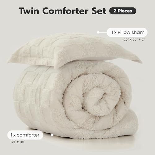 Joiedomi Tufted Twin Comforter Set, 2 Pieces Beige Boho Twin Bedding Set with 1 Plaid Geometric Comforter and 1 Pillow Sham, Checkered Bed in a Bag for All Seasons Joiedomi