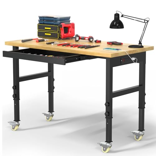 48 "Adjustable Workbench with Drawers, Heavy Duty Work Bench with Wheels & Power Outlets, 2000 LBS Load Capacity Wooden Workbench top for Garage, Workshop, Office, Home Big Lighting Deals