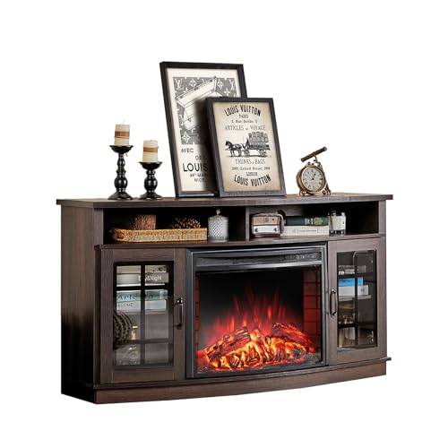 LUXOAK 59" Curved Fireplace TV Console, Entertainment Center Table with Open Shelves and Farmhouse Glass Door Media TV Cabinet Stand for TVs up to 65 - WoodArtSupply