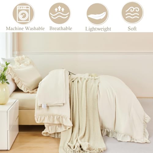 ANGIYUIN 5 Pieces Camel Twin Size Comforter Set for Kids Girls Ruffled Bedding Set Boho Farmhouse Bed Sets Shabby Fluffy Elegance Bed in A Bag with Sheets(Camel Twin) ANGIYUIN