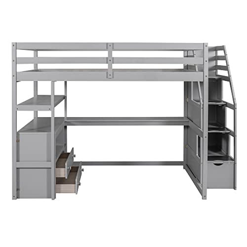 Harper & Bright Designs Grey Full Size Loft Bed with Desk, Storage Stairs, and Shelves - WoodArtSupply