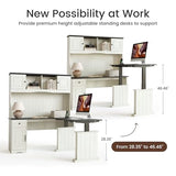 FEZIBO 60" L Shaped Executive Standing Desk with Hutch and Storage Cabinet, Farmhouse Standing Desk with Charging Station, Reversible Home Office Workstation, Antique White FEZIBO