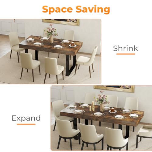 Zevemomo 63"-78.7" Expandable Dining Table, 6-10 Farmhouse Kitchen Table, Extendable Dining Table, Rectangular Kitchen Table with Metal Track, Tapered U-Shaped Leg for Dining Room,Office-Rustic Brown Zevemomo