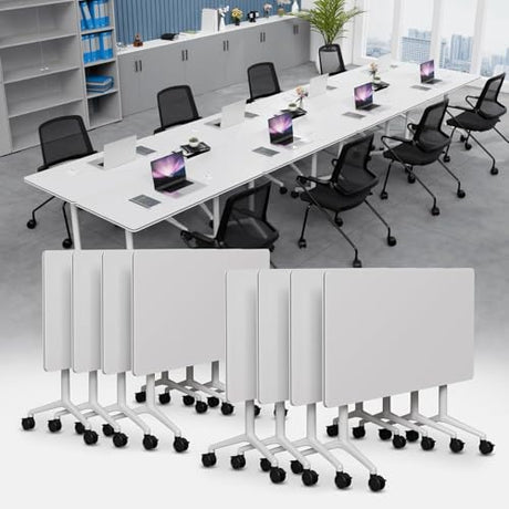 AKSOUDEW Folding Conference Table, Rectangular Conference Room Tables, Mobile Modular Training Table, Solid Steel Frame,Thickened Panel,for Schools,Meeting Room and Offices (4PCS, 71in) AKSOUDEW
