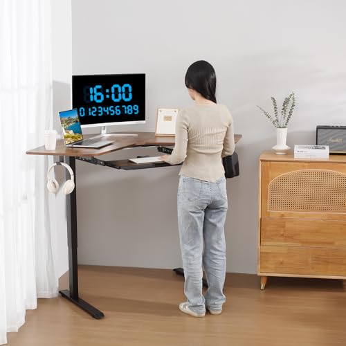ETHU Electric L-Shape Standing Desk with Keyboard Tray, Height Adjustable 29-42 inches, Modern Style, Brown, For Home Office, Gaming, Work ETHU