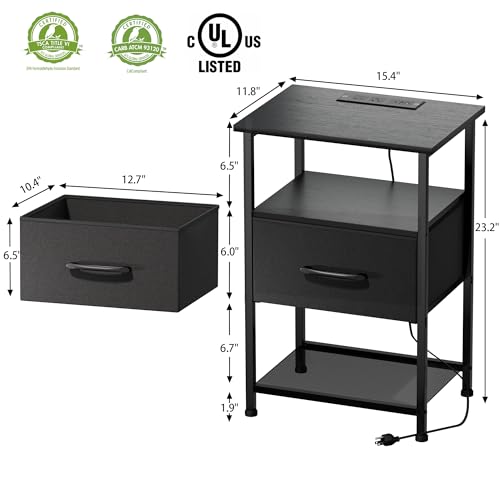 LAKEMID Nightstands Set of 2 with Fast Charging Station and Drawer, End Table Bedside Table with 20 Colors LED Light Strip and 2 Layers Shelf for Bedroom Living Room Sofa Couch (Black) LAKEMID