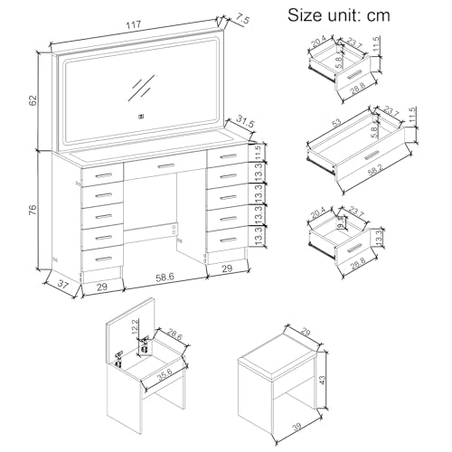 Vanity Desk with 11 Drawers,Glass Top Makeup Table with Mirror and LED Lights Vanity Table with Stool 3 Lighting Modes Brightness Adjustable Dressing Table with Power Outlet&Hair Dryer Holder (Black) Panana