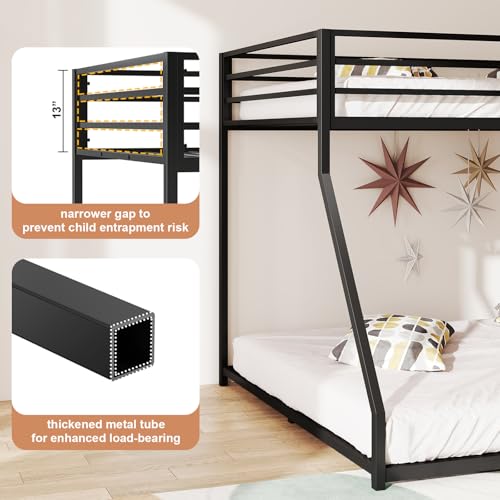 Kiivakii Twin Over Full Bunk Bed, Metal Bunkbed with Side Ladder, Low Profile, Full Length Upper Bed, Sturdy Metal Frame Support, No Box Spring Needed, Noiseless, Black Kiivakii