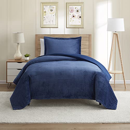 Nestl Premium Flannel Duvet Cover Set - 2 PC Reversible Twin Comforter Cover Set with Microfiber Back - 1 Velvet Duvet Cover Twin with Zipper Closure & 1 Pillow Sham 68 x 90 inches – Navy Blue Nestl