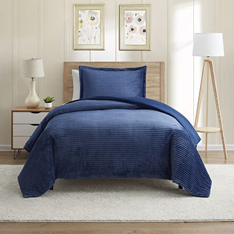 Nestl Premium Flannel Duvet Cover Set - 2 PC Reversible Twin Comforter Cover Set with Microfiber Back - 1 Velvet Duvet Cover Twin with Zipper Closure & 1 Pillow Sham 68 x 90 inches – Navy Blue Nestl