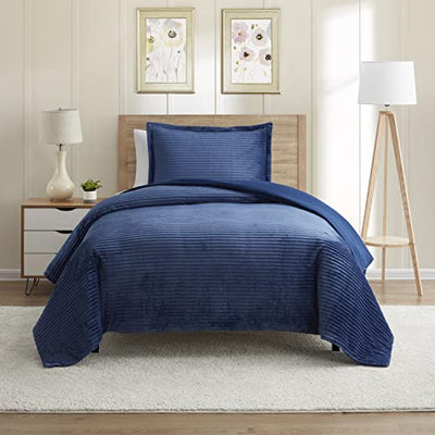 Nestl Premium Flannel Duvet Cover Set - 2 PC Reversible Twin Comforter Cover Set with Microfiber Back - 1 Velvet Duvet Cover Twin with Zipper Closure & 1 Pillow Sham 68 x 90 inches – Navy Blue