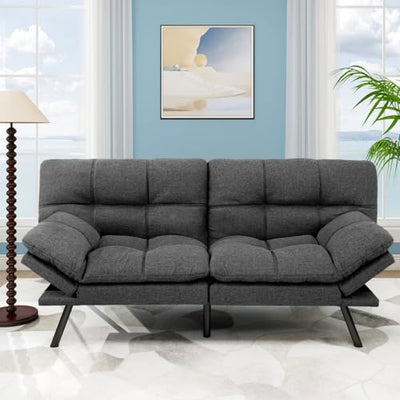 MUUEGM Futon Sofa Bed, 71" Convertible Linen Memory Foam Couch Bed, Modern Backrests Armrests Love Seat for Living Room,Apartment,Office,Charcoal Grey Sleeper Couch