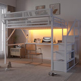 KEIKI Queen Size Metal Loft Bed Frame with Desk, Staircase, Built-in Storage Shelves and Wardrobe, Modern Loft Bed with Solid Slat, Guardrail, No Box Spring Required, Easy Assembly, for Bedroom, White KEIKI