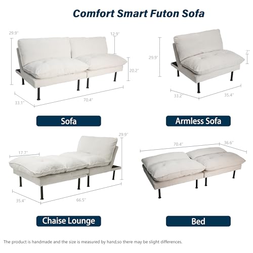 Ribilake 70" Futon Sofa Bed, 4 in 1 Multi-Function Couch Sleeper with Adjustable Backrest, Modern Convertible Futon, Recliner Small Loveseat for Living Room, Dorm, Beige Ribilake