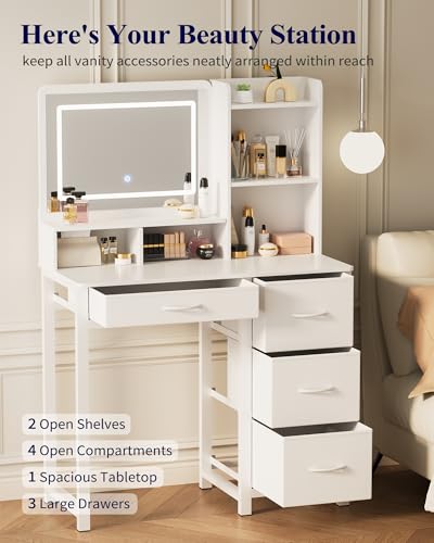 Kitsure Vanity Desk with Mirror and Lights - Large Capacity Makeup Vanity with 4 Fabric Storage Drawers & 3 Lighting Modes, Vanity Table Set with Sturdy Metal Frame for Bedroom, White, 35" x 17" x 52" Kitsure