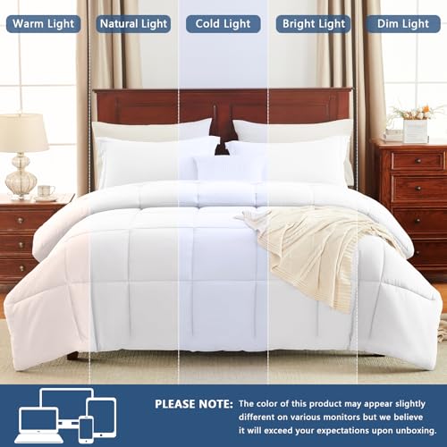 CozyLux Queen Size Comforter Sets White - 3 Pieces Box Stitched Queen Bed Set for All Seasons, Soft Lightweight Bedding Sets with 1 Down Alternative Comforter and 2 Pillow Shams CozyLux