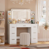 YESHOMY 43.3''Vanity Desk with LED Mirror & Power Outlet, 7 Drawer Makeup Vanity with Side Shelves, Lighted Dressing Table for Bedroom(White YESHOMY