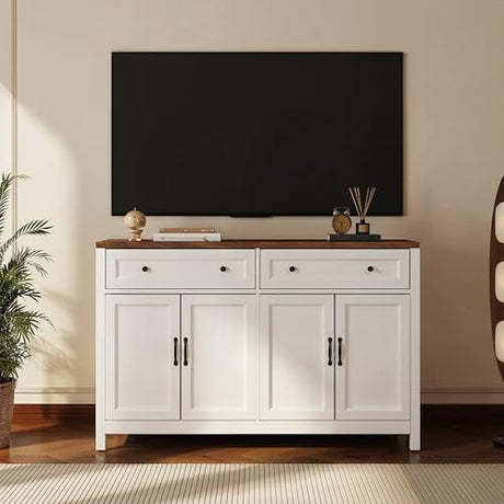Gizoon Farmhouse Kitchen Sideboard Buffet Cabinet with Storage, Wood Coffee Bar and Storage Sideboard with Drawers and Doors for Kitchen, Dining Room, 15.7" D x 55.1" W x 35.3" H, White/Rustic Brown Gizoon